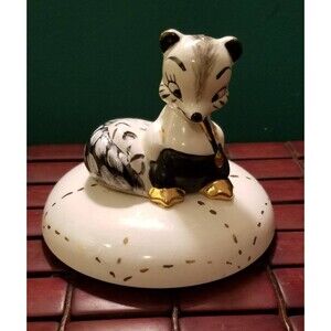 Vintage Mid Century Ceramic Skunk Lid For Serving Tray Hand Painted Gold Details